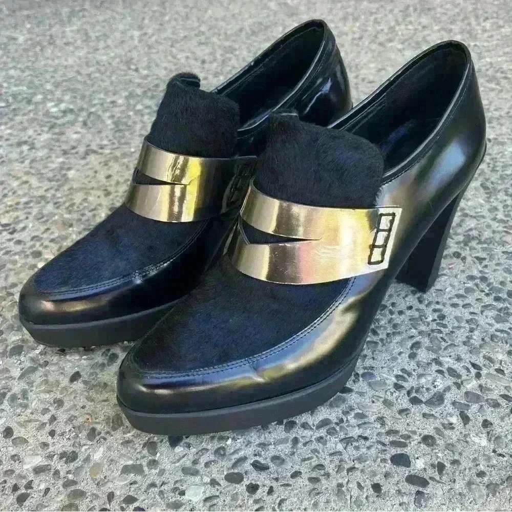 Sesto Meucci Jeannot Platform Loafer Heels With‎ Hair Leather Women US 9 Black